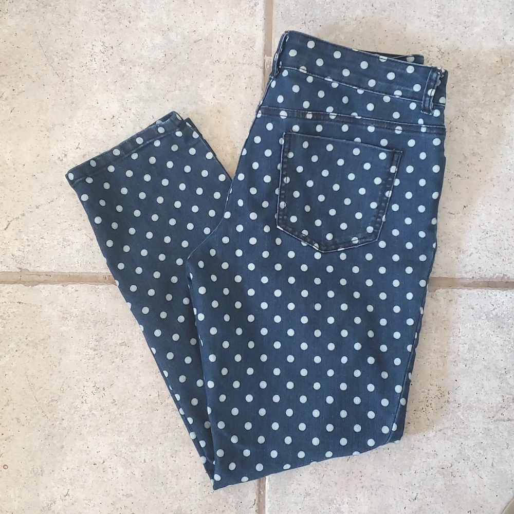 CHICO’S Platinum Blue White Polka Dot Cropped Stretch Denim Jeans Size 0.5 S 6 - Picture 4 of 12